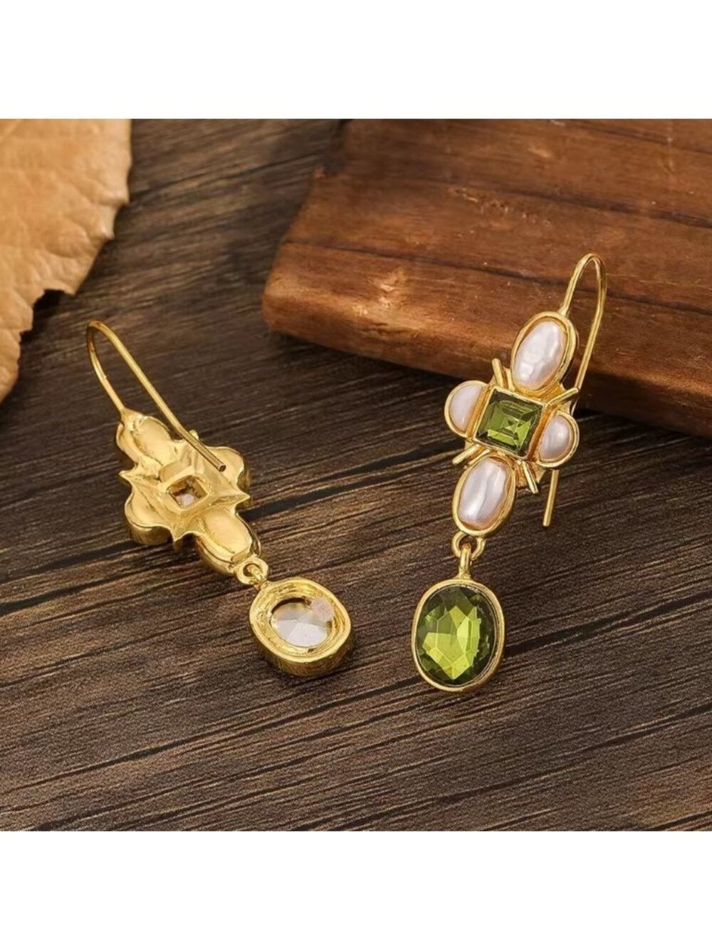 Anthro Asymmetric Green Crystal & Pearl Earrings – Gold Artistic Dangle Design - Picture 2 of 8